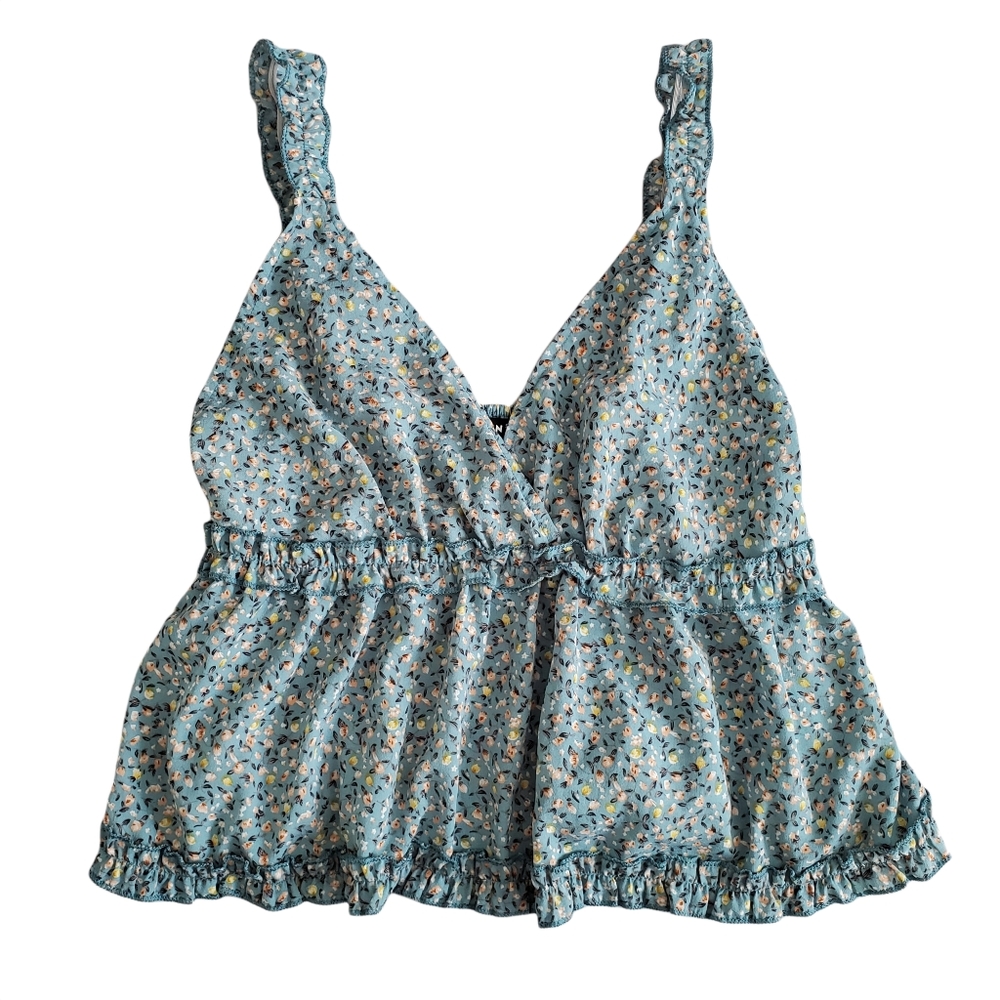 SHEIN Blue Floral Ruffle Babydoll Cropped Tank Top - Picture 1 of 7